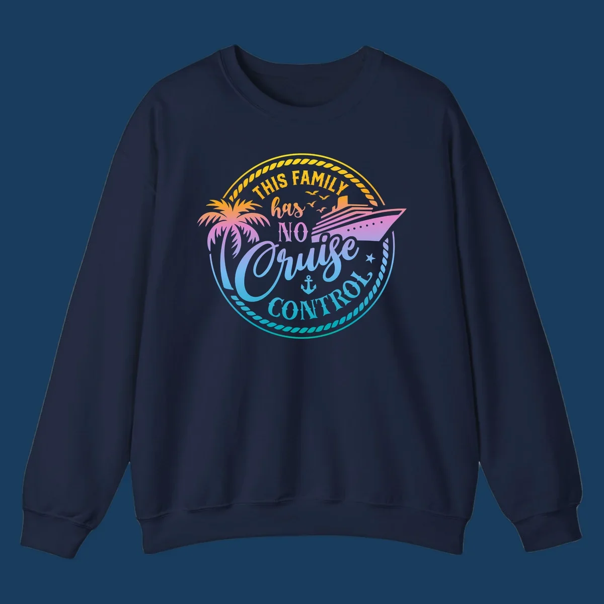 Family cruise vacation design with text 'This Family Has No Cruise Control', a cruise ship, and a palm tree.