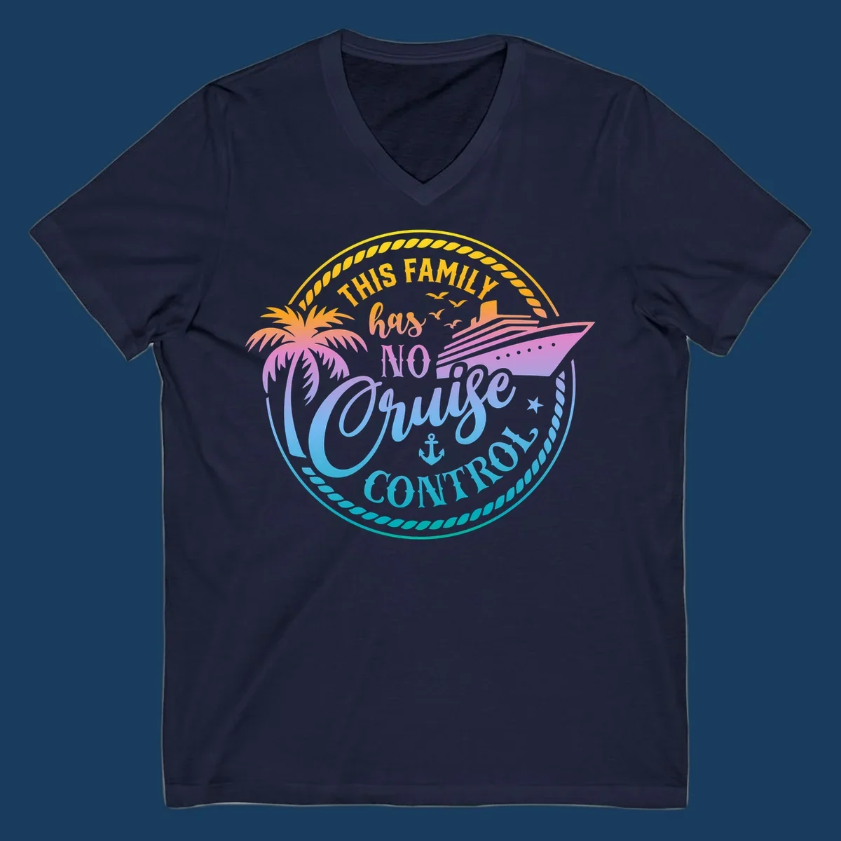 Family cruise vacation design with text 'This Family Has No Cruise Control', a cruise ship, and a palm tree.