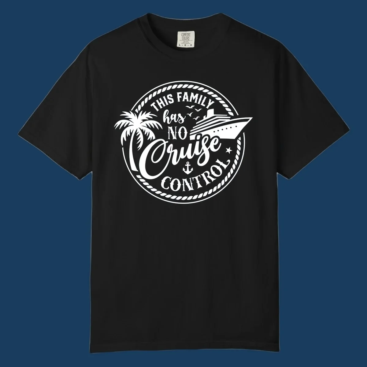 Funny cruise design with text 'This Family Has No Cruise Control', a cruise ship, and a palm tree. Primary keyword root: no-cruise-control