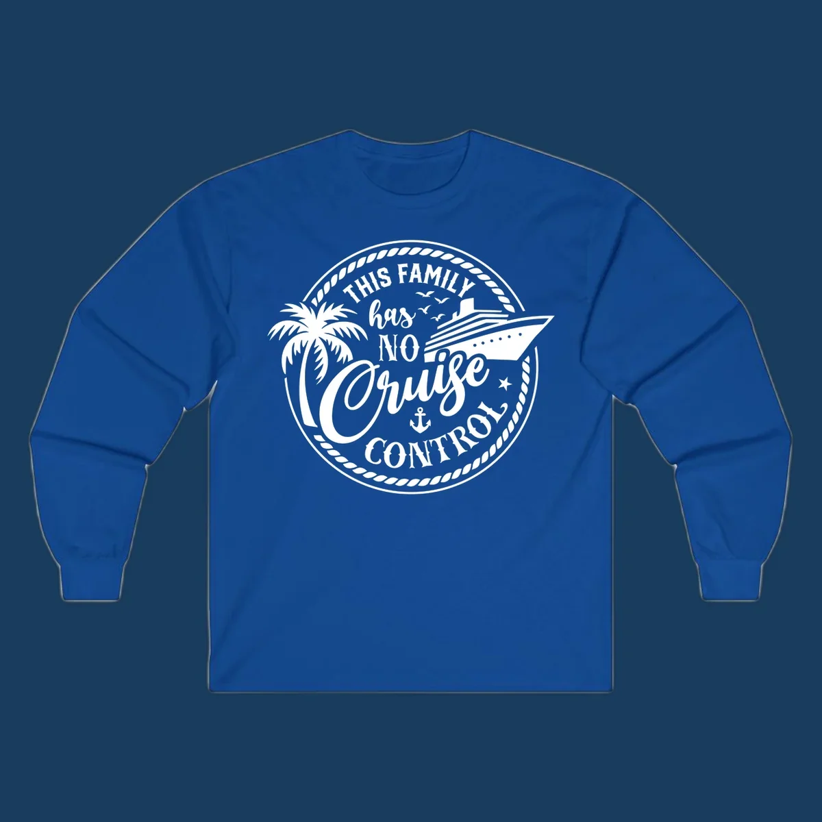 Funny cruise design with text 'This Family Has No Cruise Control', a cruise ship, and a palm tree. Primary keyword root: no-cruise-control