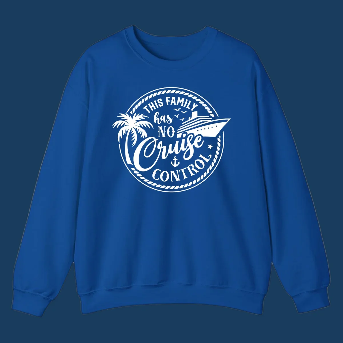 Funny cruise design with text 'This Family Has No Cruise Control', a cruise ship, and a palm tree. Primary keyword root: no-cruise-control