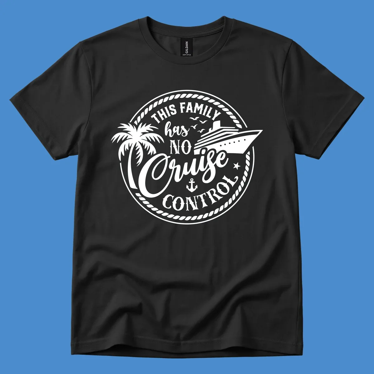 Funny cruise design with text 'This Family Has No Cruise Control', a cruise ship, and a palm tree. Primary keyword root: no-cruise-control