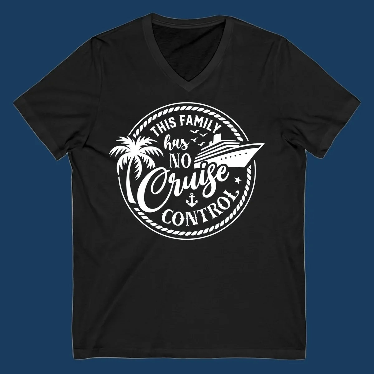 Funny cruise design with text 'This Family Has No Cruise Control', a cruise ship, and a palm tree. Primary keyword root: no-cruise-control