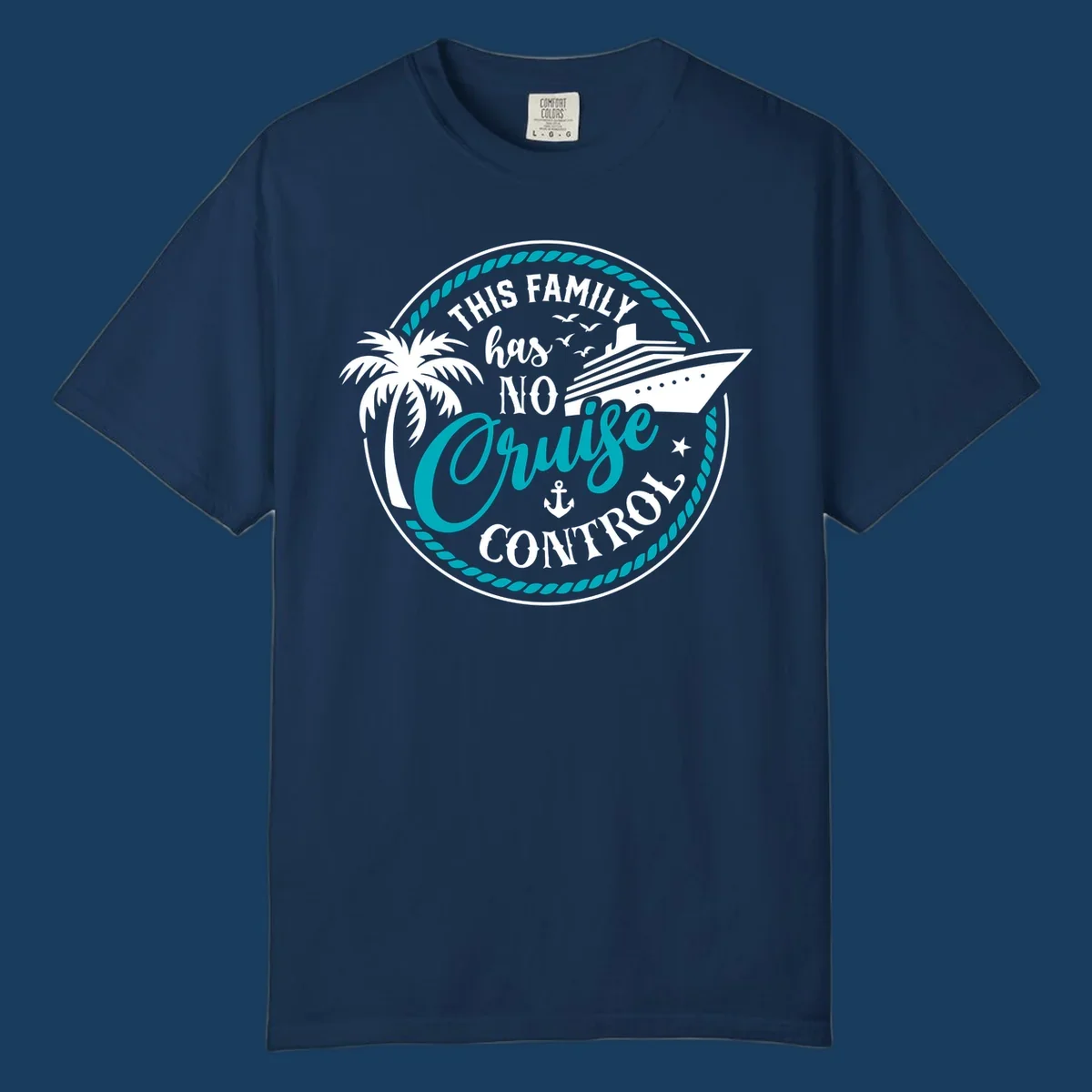 Text and illustration for 'This Family Has No Cruise Control' with cruise ship and palm tree.
