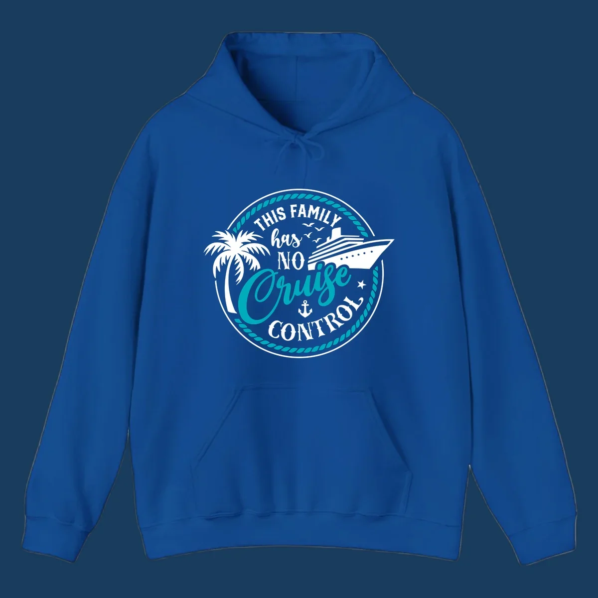 Text and illustration for 'This Family Has No Cruise Control' with cruise ship and palm tree.