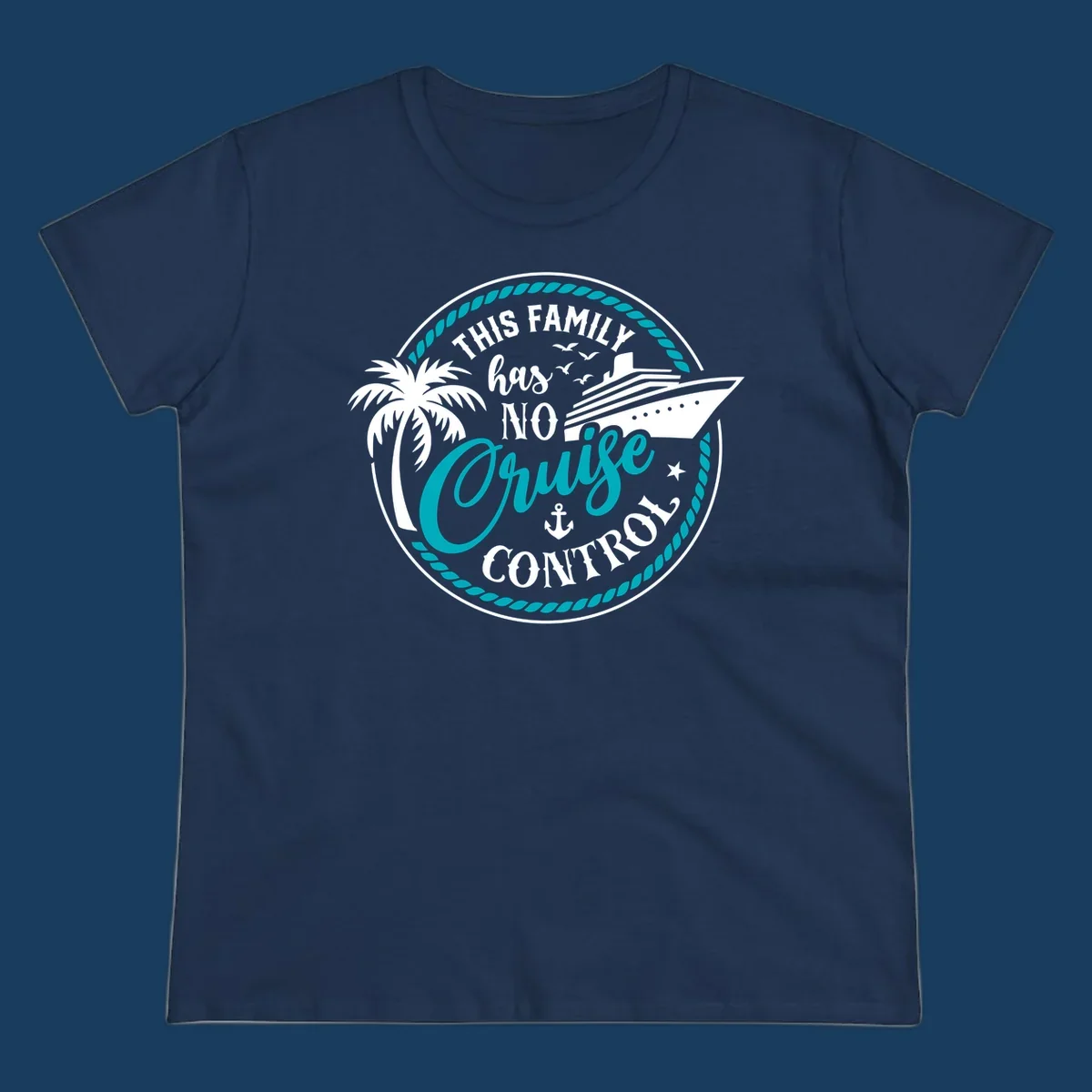 Text and illustration for 'This Family Has No Cruise Control' with cruise ship and palm tree.