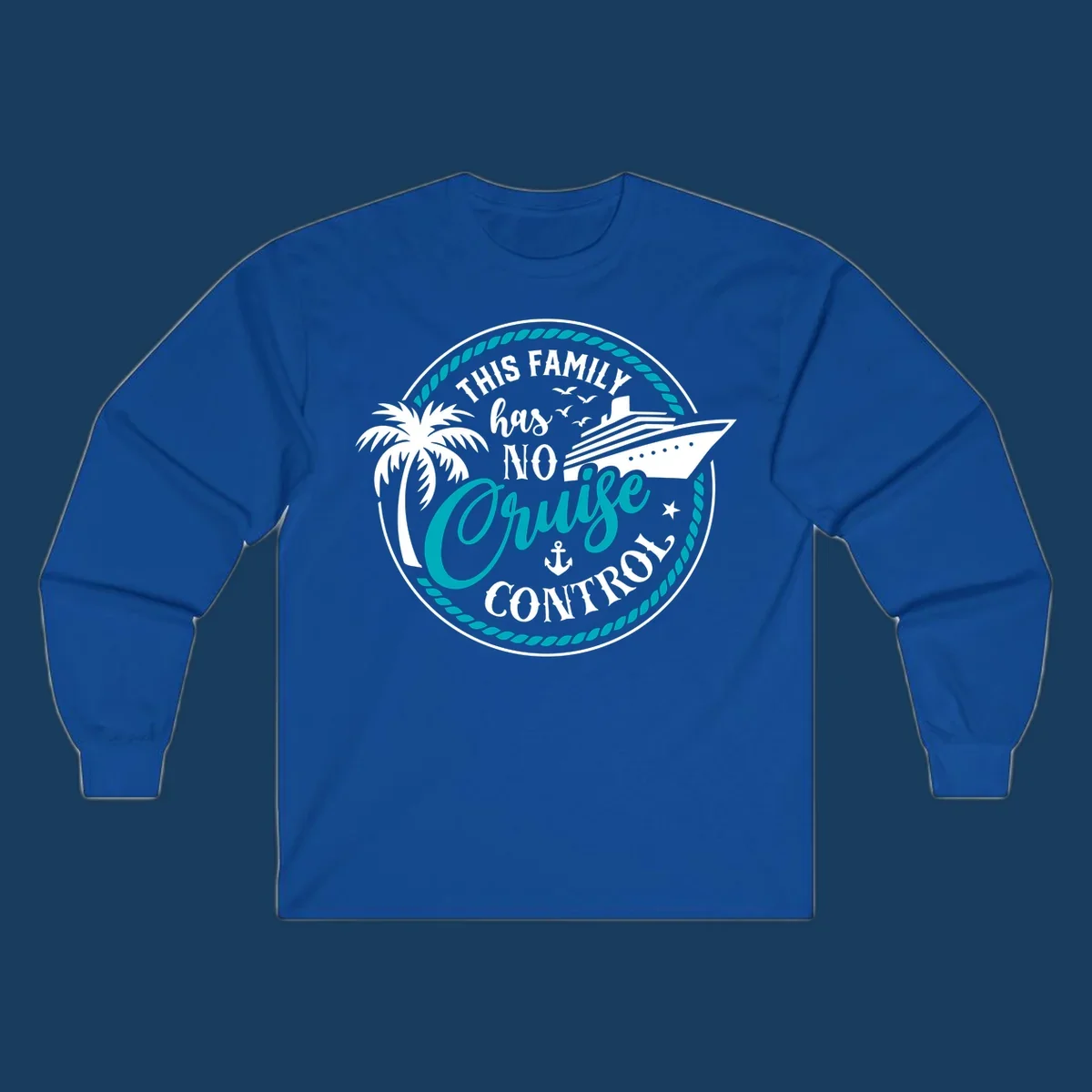 Text and illustration for 'This Family Has No Cruise Control' with cruise ship and palm tree.