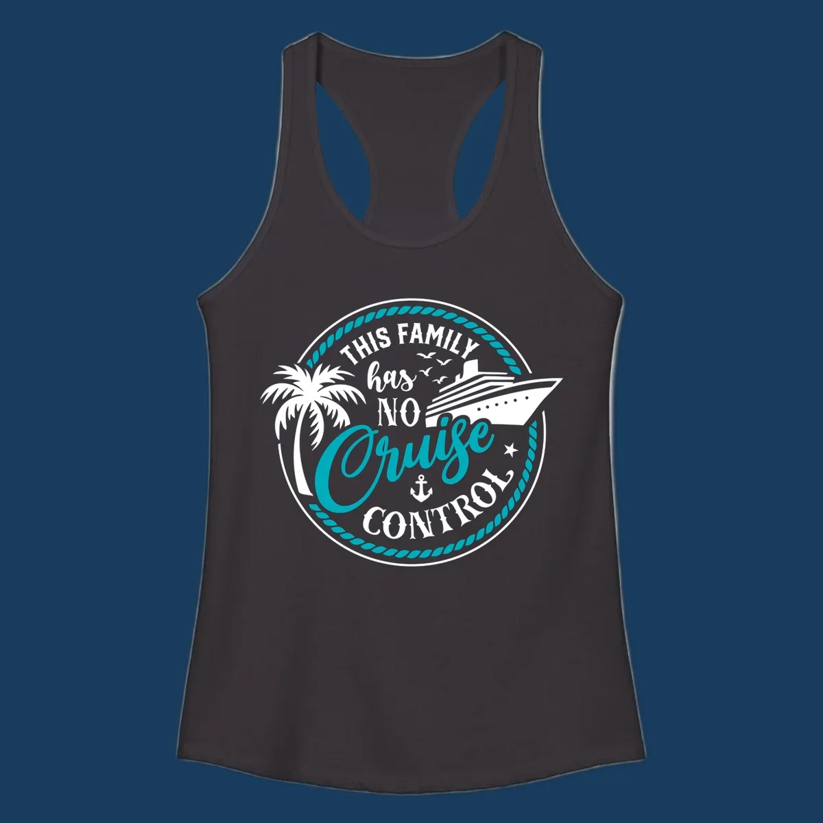 Text and illustration for 'This Family Has No Cruise Control' with cruise ship and palm tree.