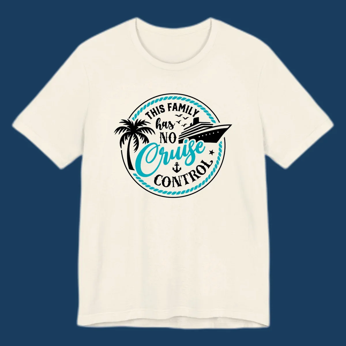 Text and illustration for 'This Family Has No Cruise Control' with cruise ship and palm tree.
