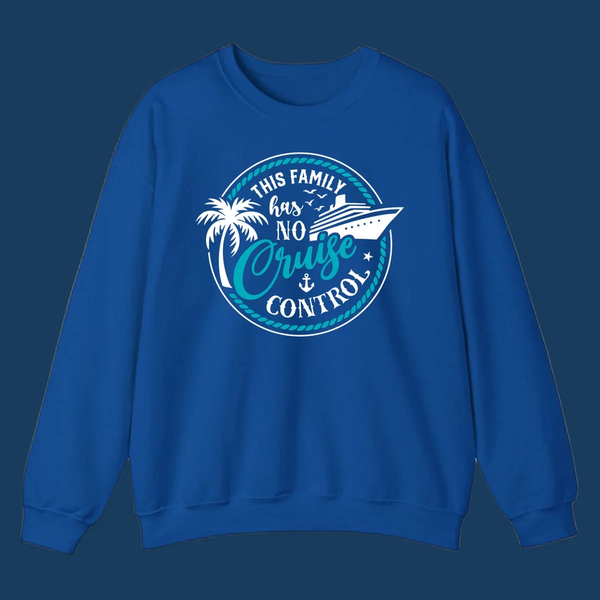 Text and illustration for 'This Family Has No Cruise Control' with cruise ship and palm tree.