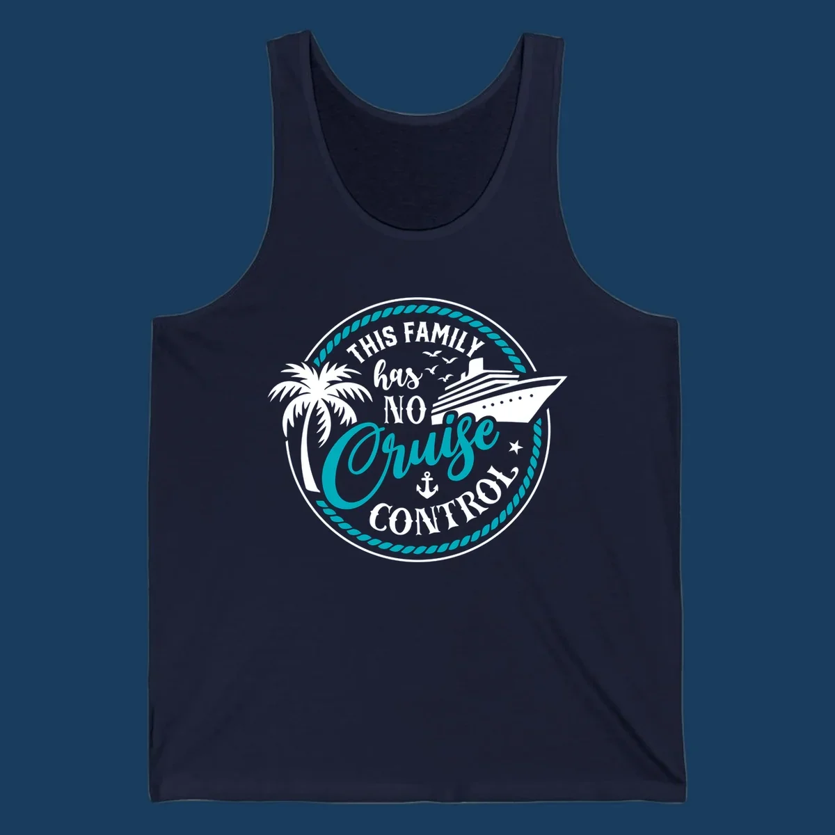 Text and illustration for 'This Family Has No Cruise Control' with cruise ship and palm tree.
