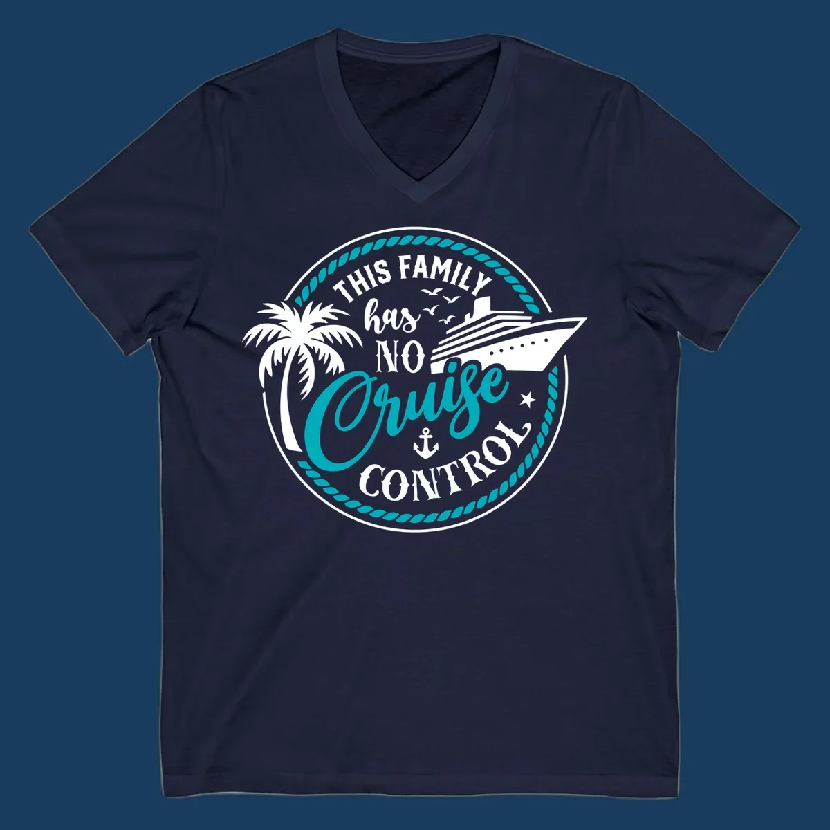 Text and illustration for 'This Family Has No Cruise Control' with cruise ship and palm tree.