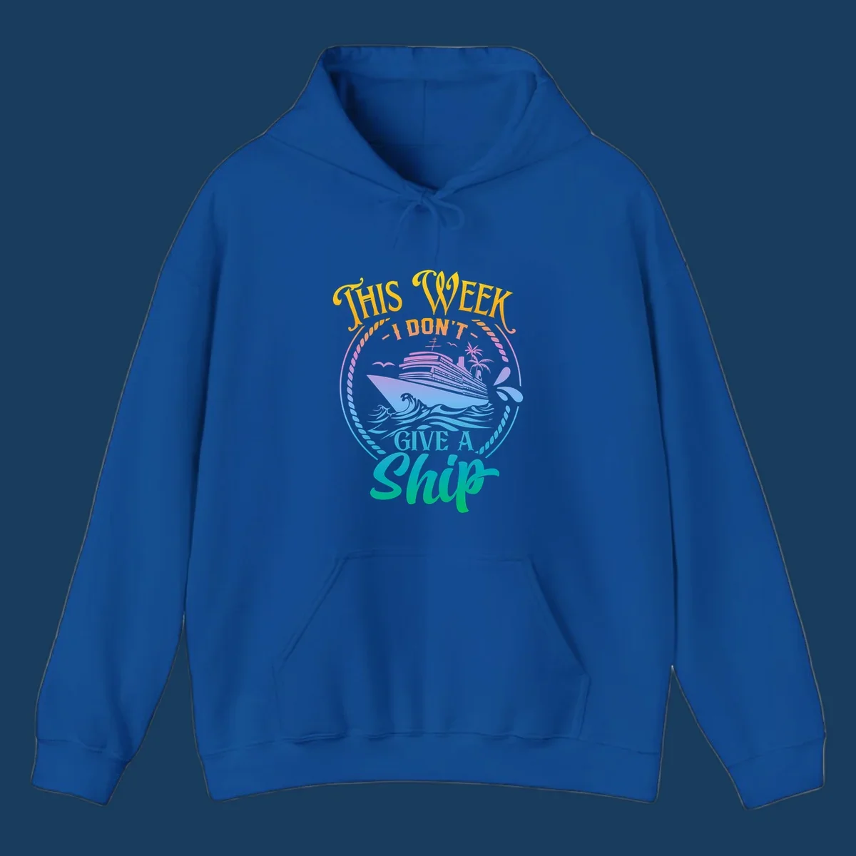 Funny cruise ship text design 'This Week I Don't Give A Ship' with waves and palm trees.