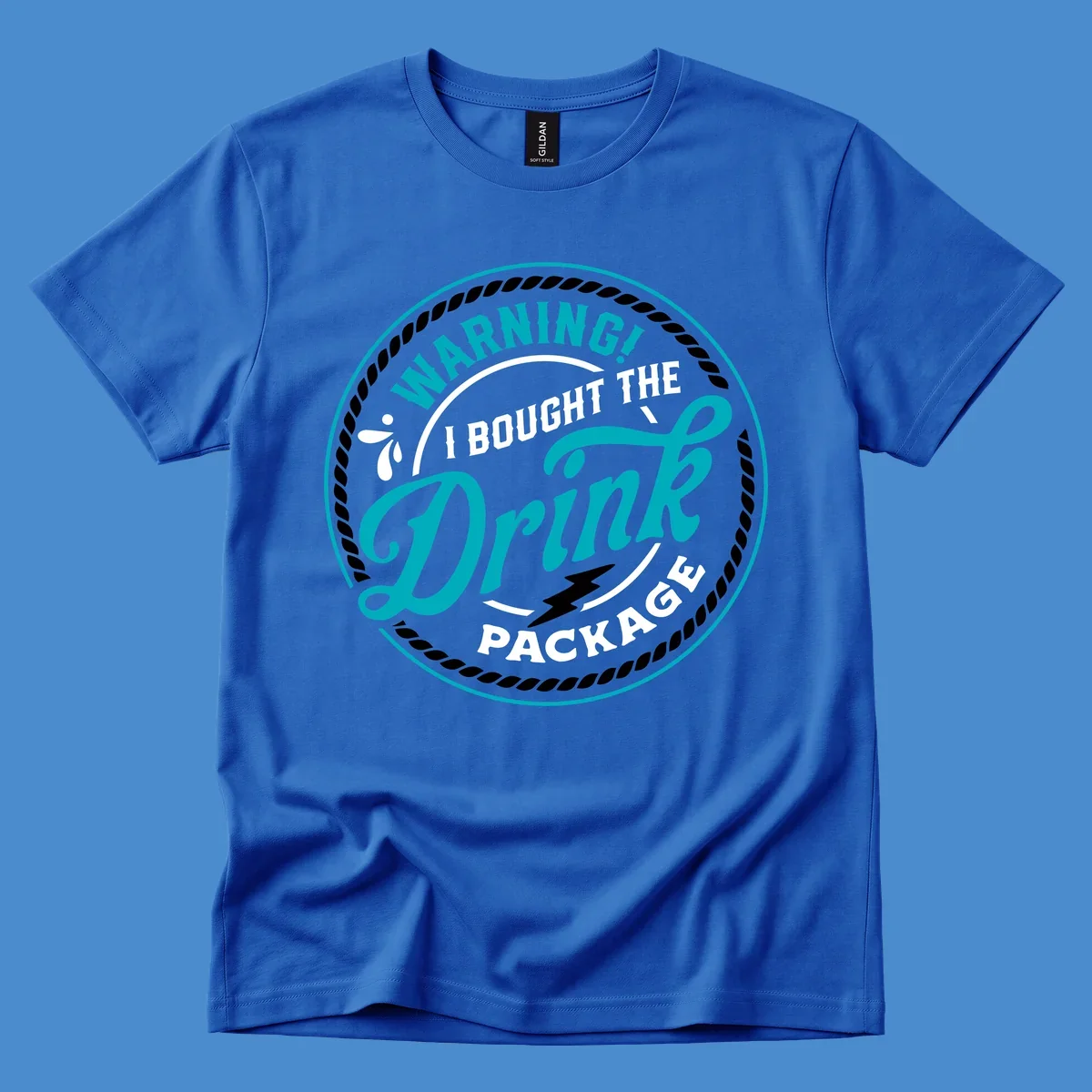 Warning I Bought The Drink Package cruise design badge with rope border and lightning bolt.