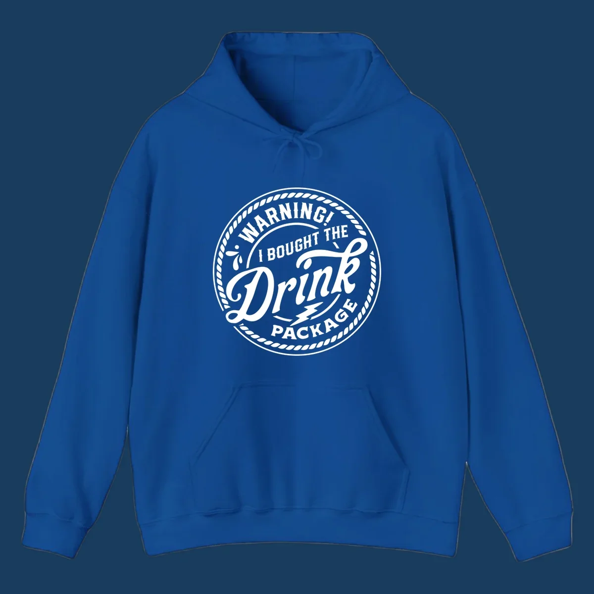 Circular badge design with rope border and text 'WARNING! I BOUGHT THE Drink PACKAGE', drink package warning concept.