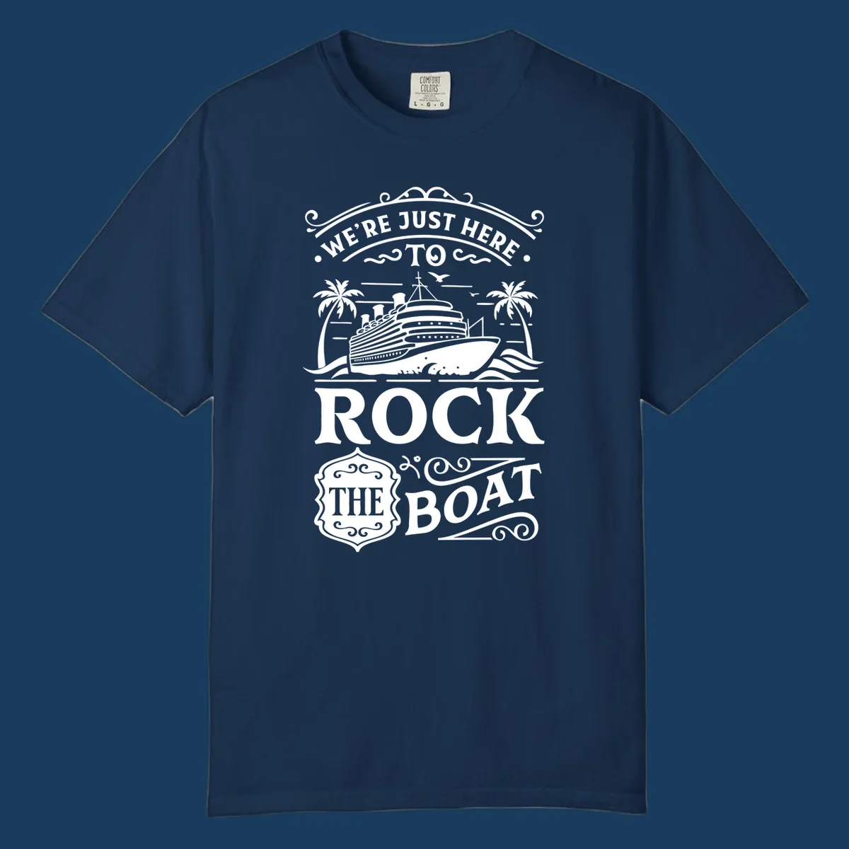 Text and illustration of a cruise ship and palm trees with the phrase Rock The Boat Cruise.