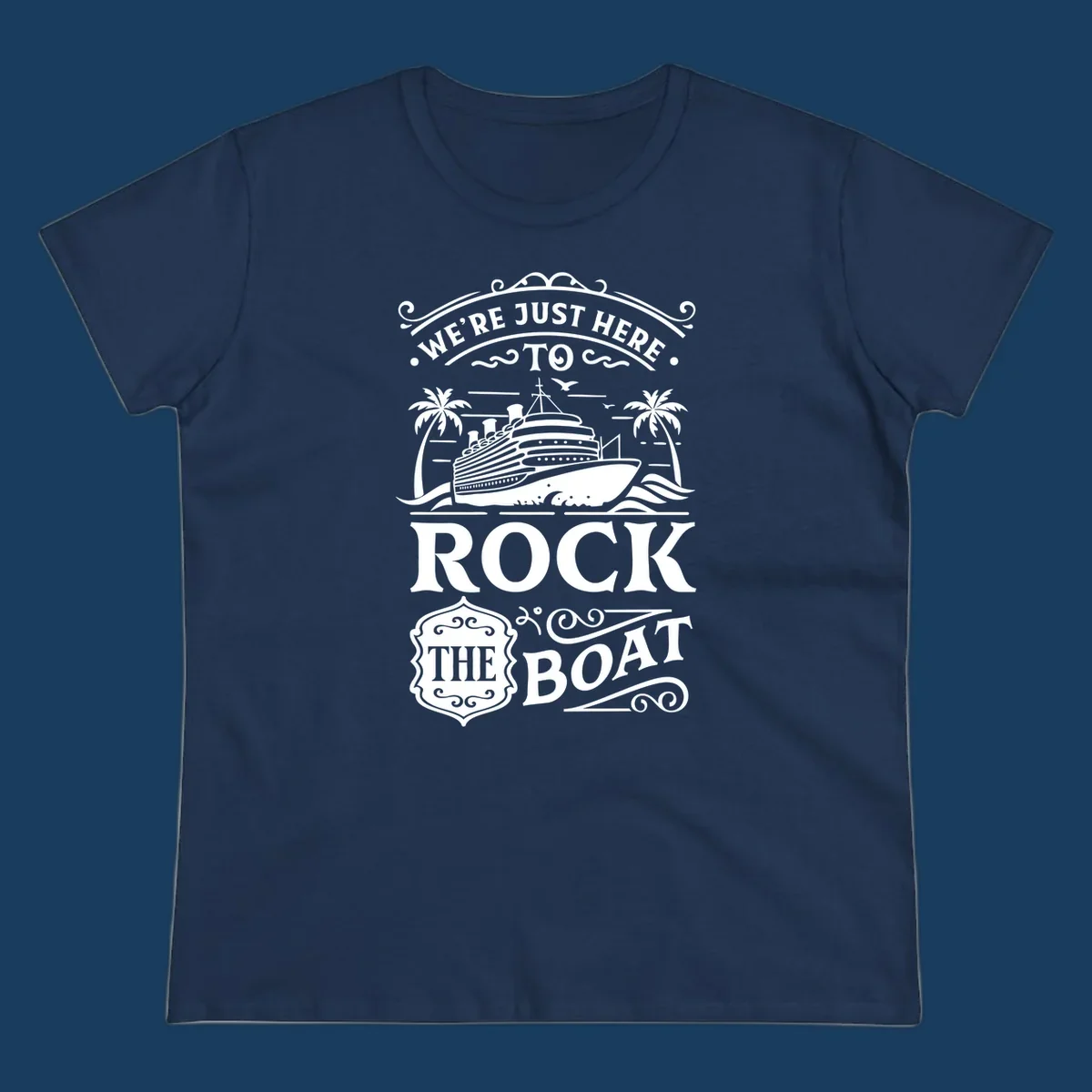 Text and illustration of a cruise ship and palm trees with the phrase Rock The Boat Cruise.