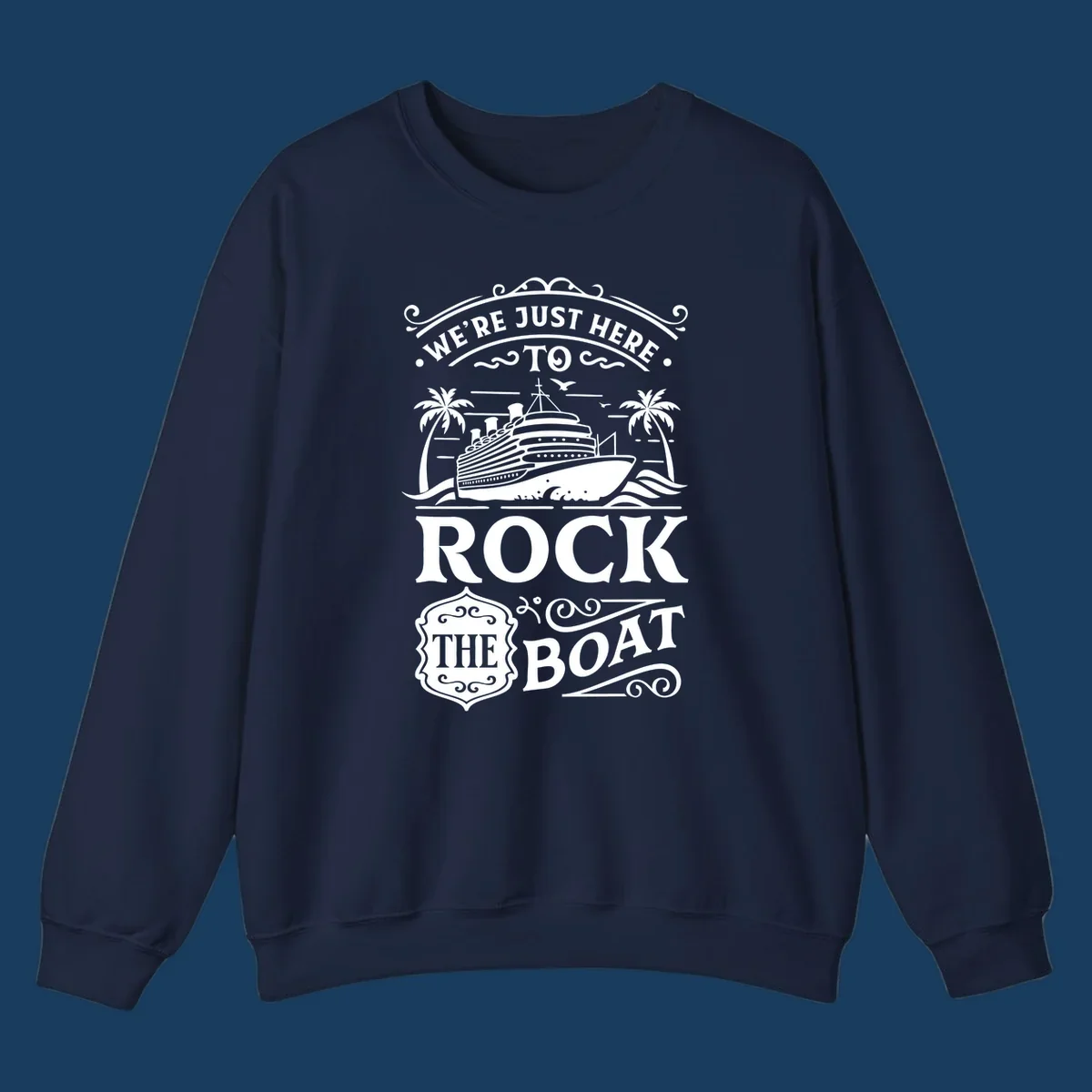 Text and illustration of a cruise ship and palm trees with the phrase Rock The Boat Cruise.