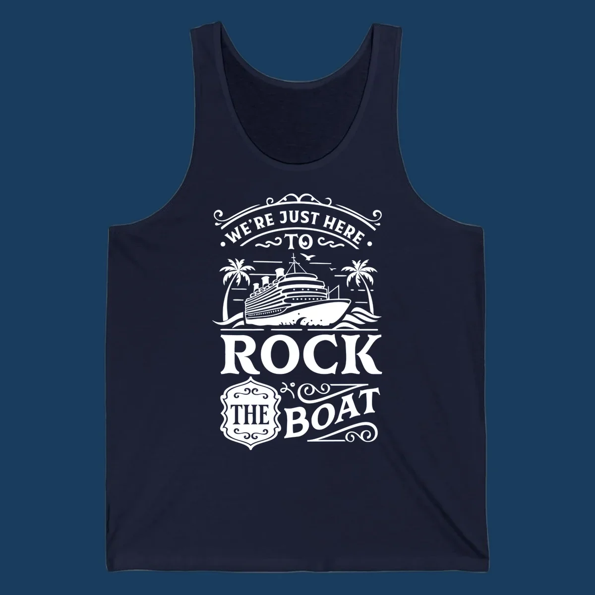 Text and illustration of a cruise ship and palm trees with the phrase Rock The Boat Cruise.
