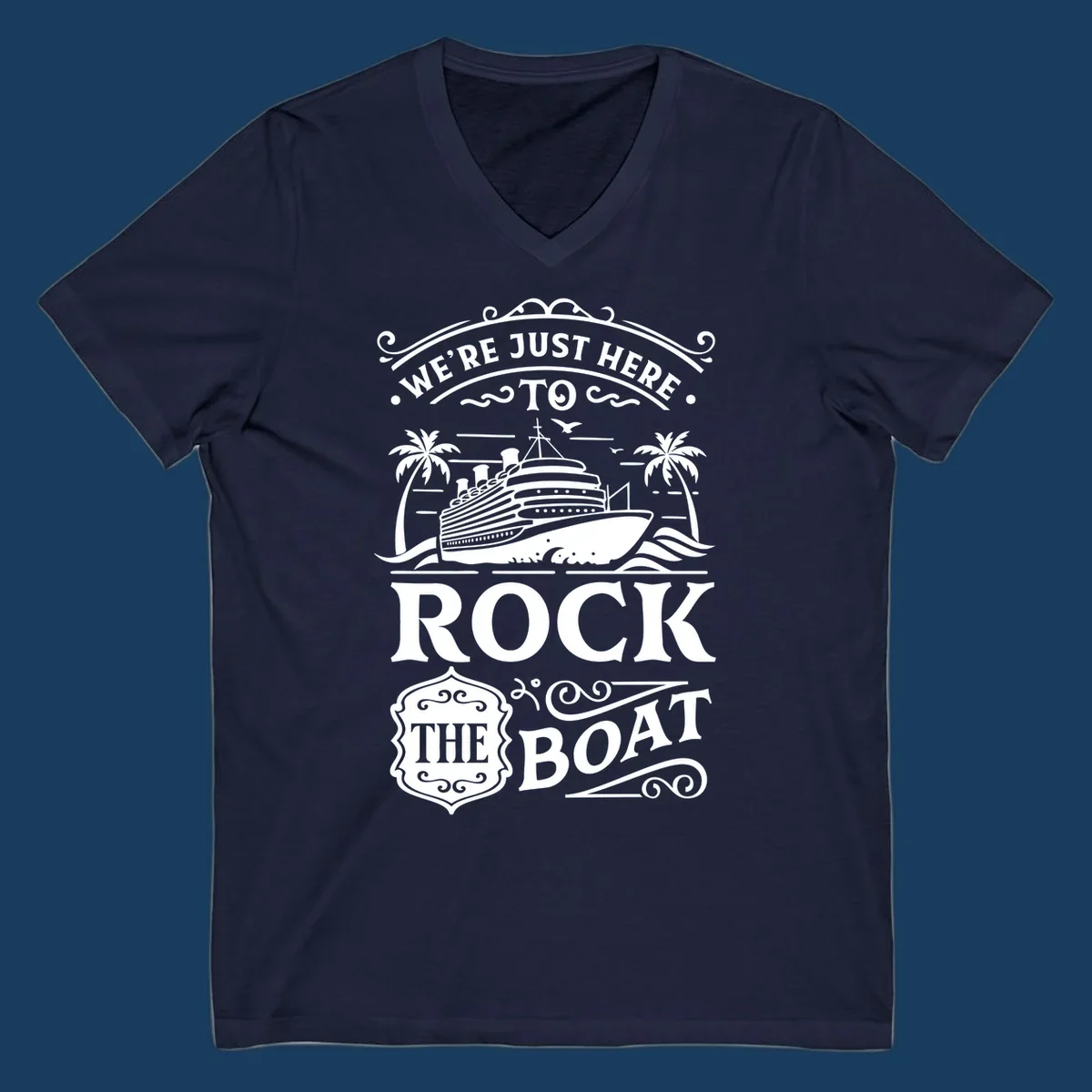 Text and illustration of a cruise ship and palm trees with the phrase Rock The Boat Cruise.