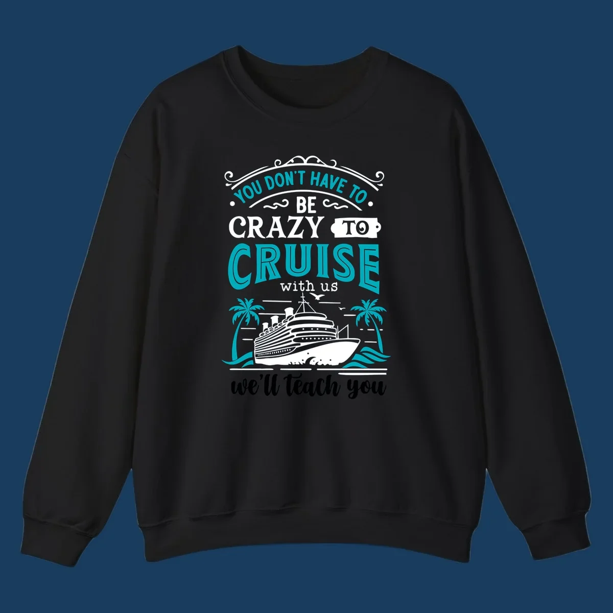 Illustration for 'Crazy to Cruise' design featuring a cruise ship, palm trees, and text.