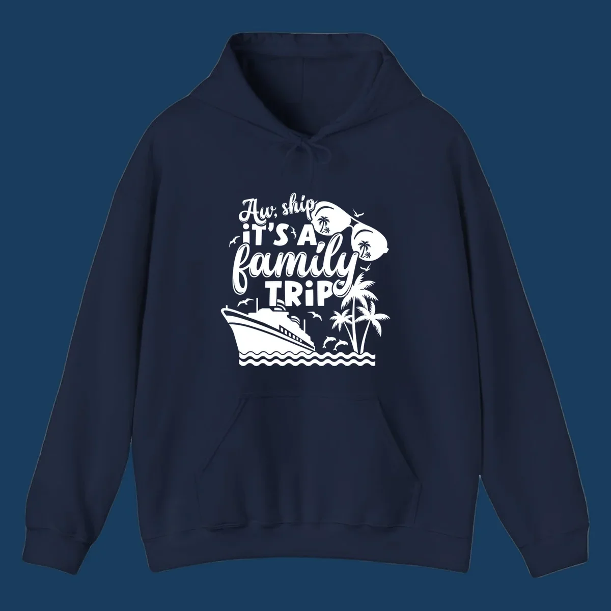 Aw Ship It's A Family Trip design with cruise ship, sunglasses, palm trees, and dolphins.