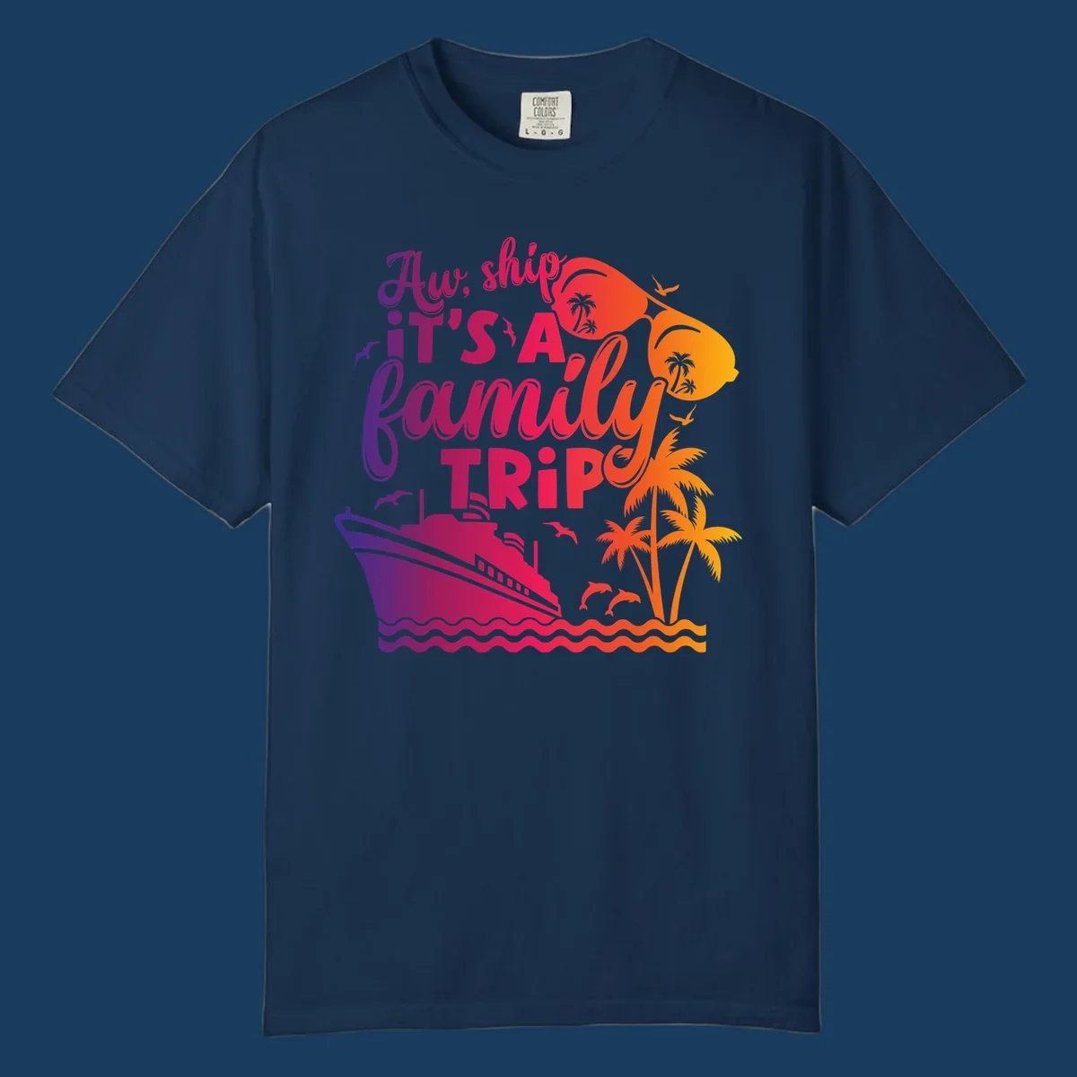 Family cruise trip text with ship, palm trees, and sunglasses.