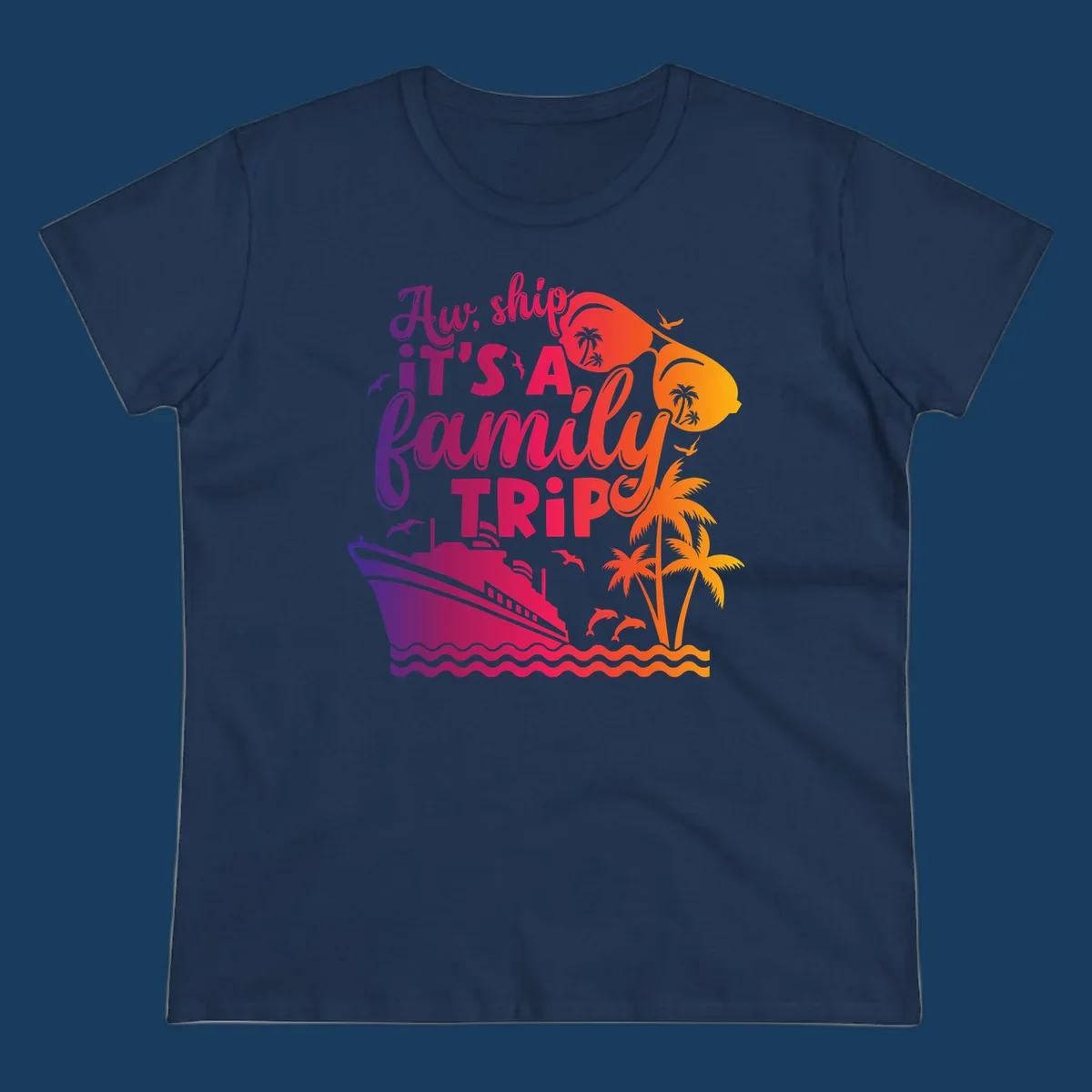 Family cruise trip text with ship, palm trees, and sunglasses.