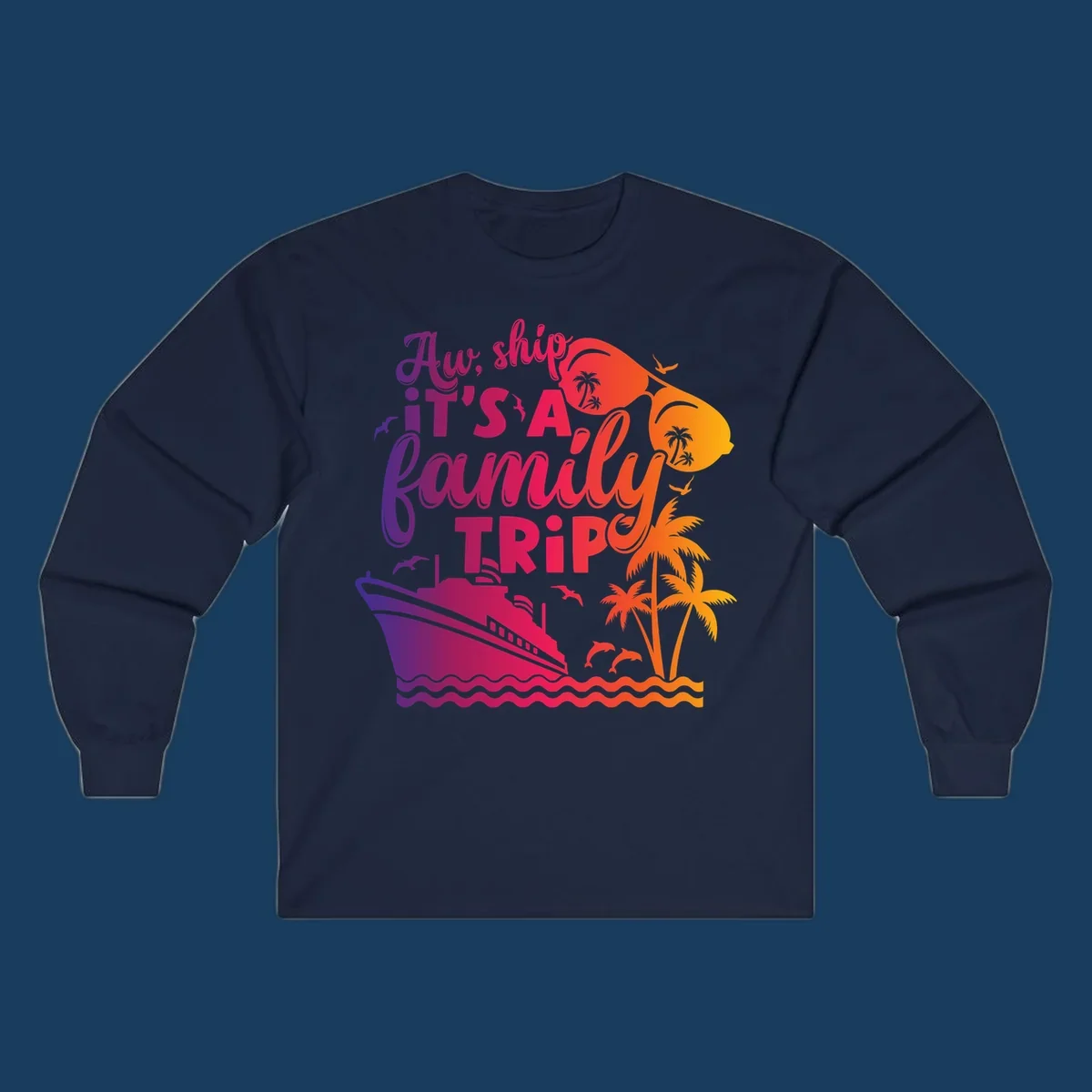 Family cruise trip text with ship, palm trees, and sunglasses.