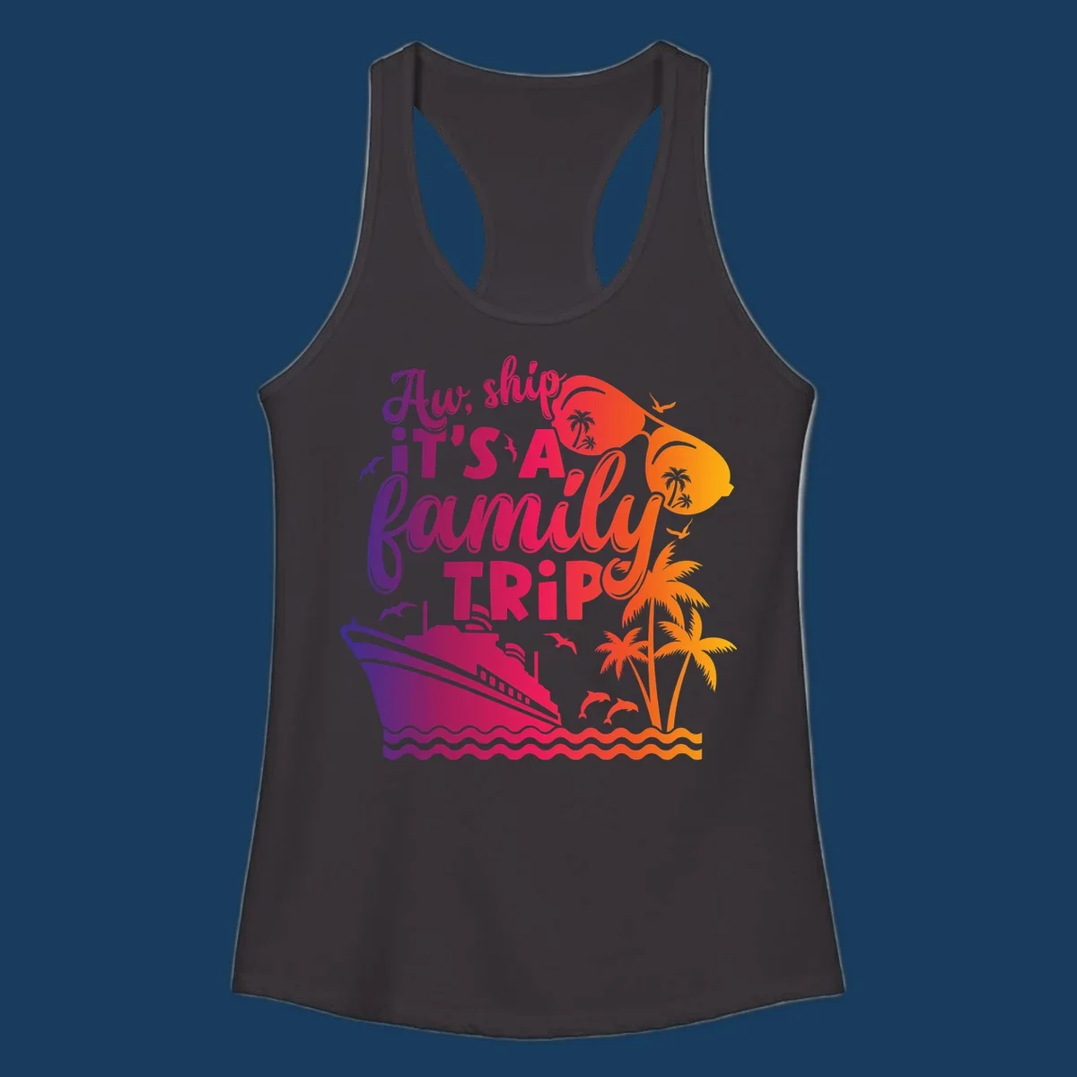 Family cruise trip text with ship, palm trees, and sunglasses.