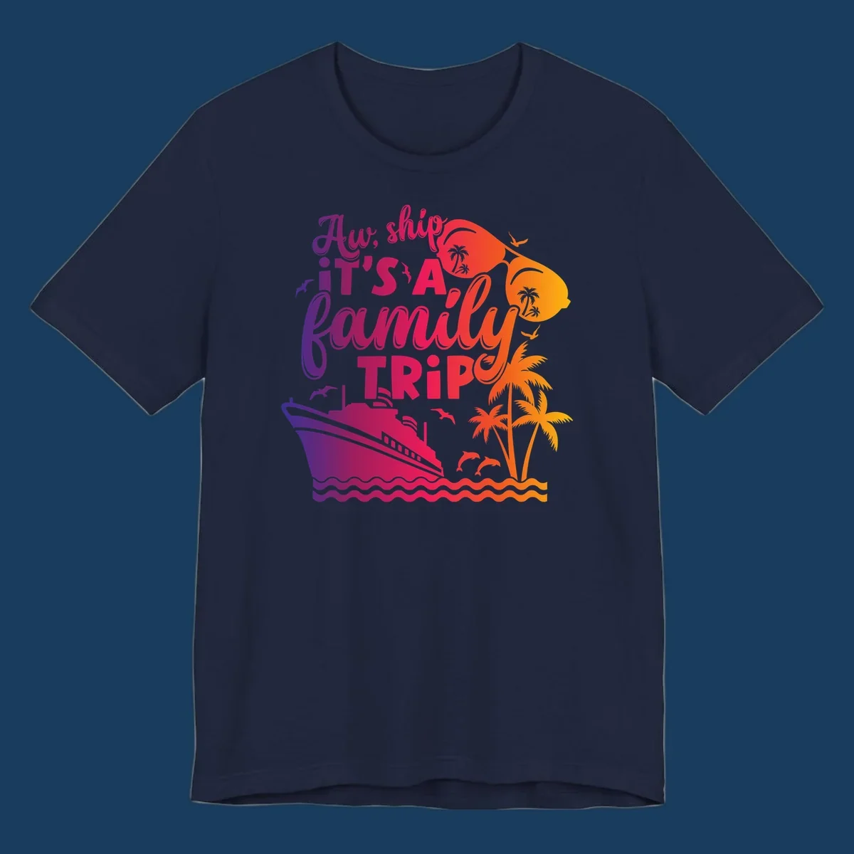 Family cruise trip text with ship, palm trees, and sunglasses.