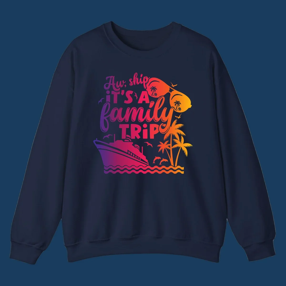 Family cruise trip text with ship, palm trees, and sunglasses.
