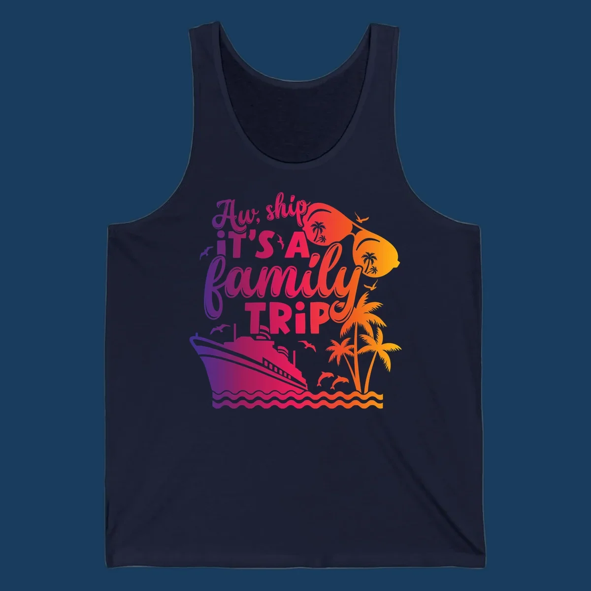 Family cruise trip text with ship, palm trees, and sunglasses.