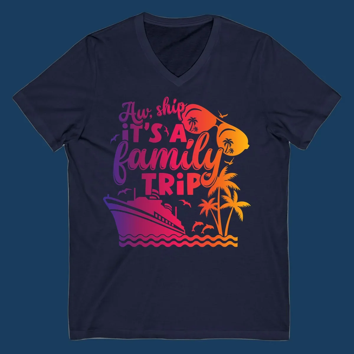 Family cruise trip text with ship, palm trees, and sunglasses.