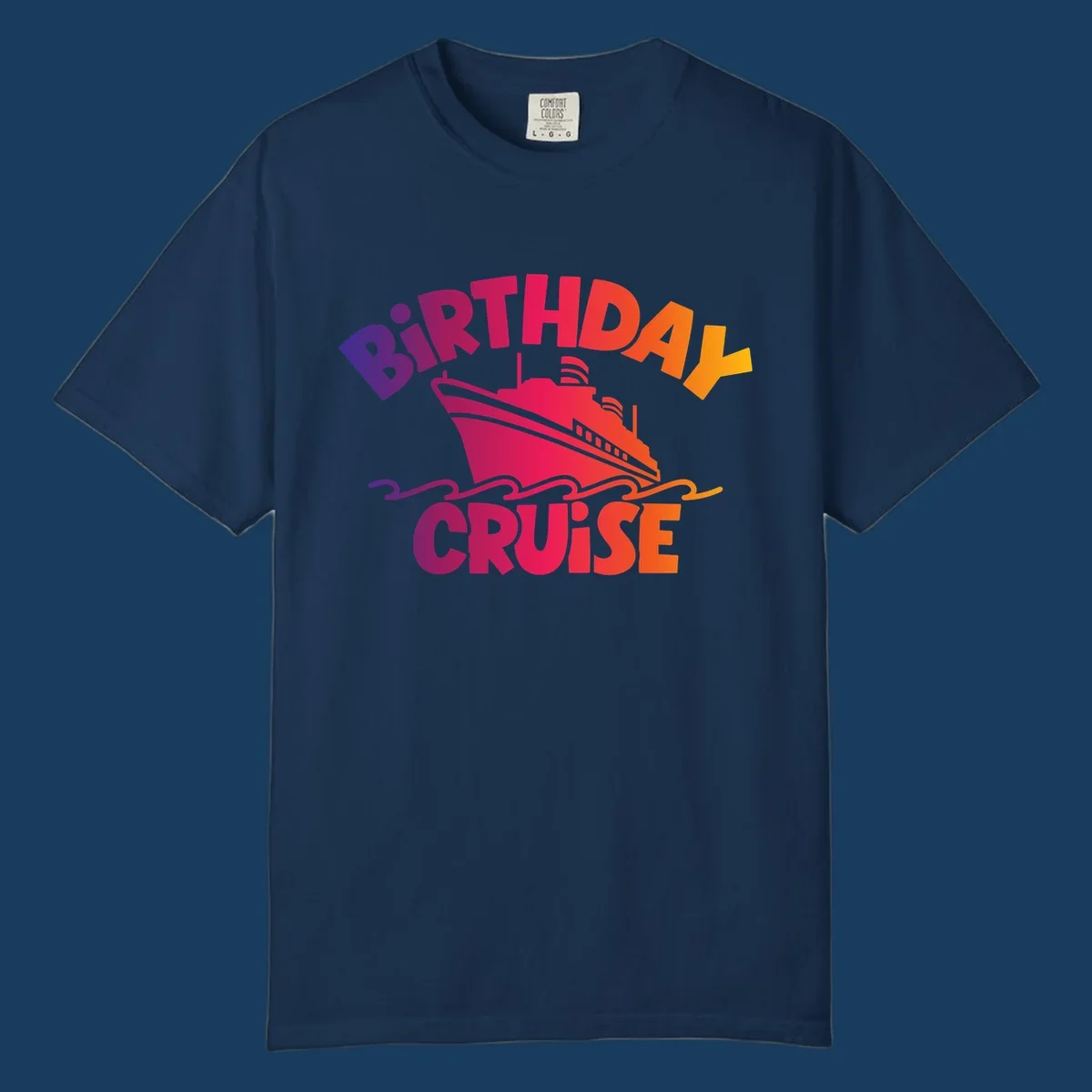 Birthday cruise ship with colorful text celebrating a birthday.