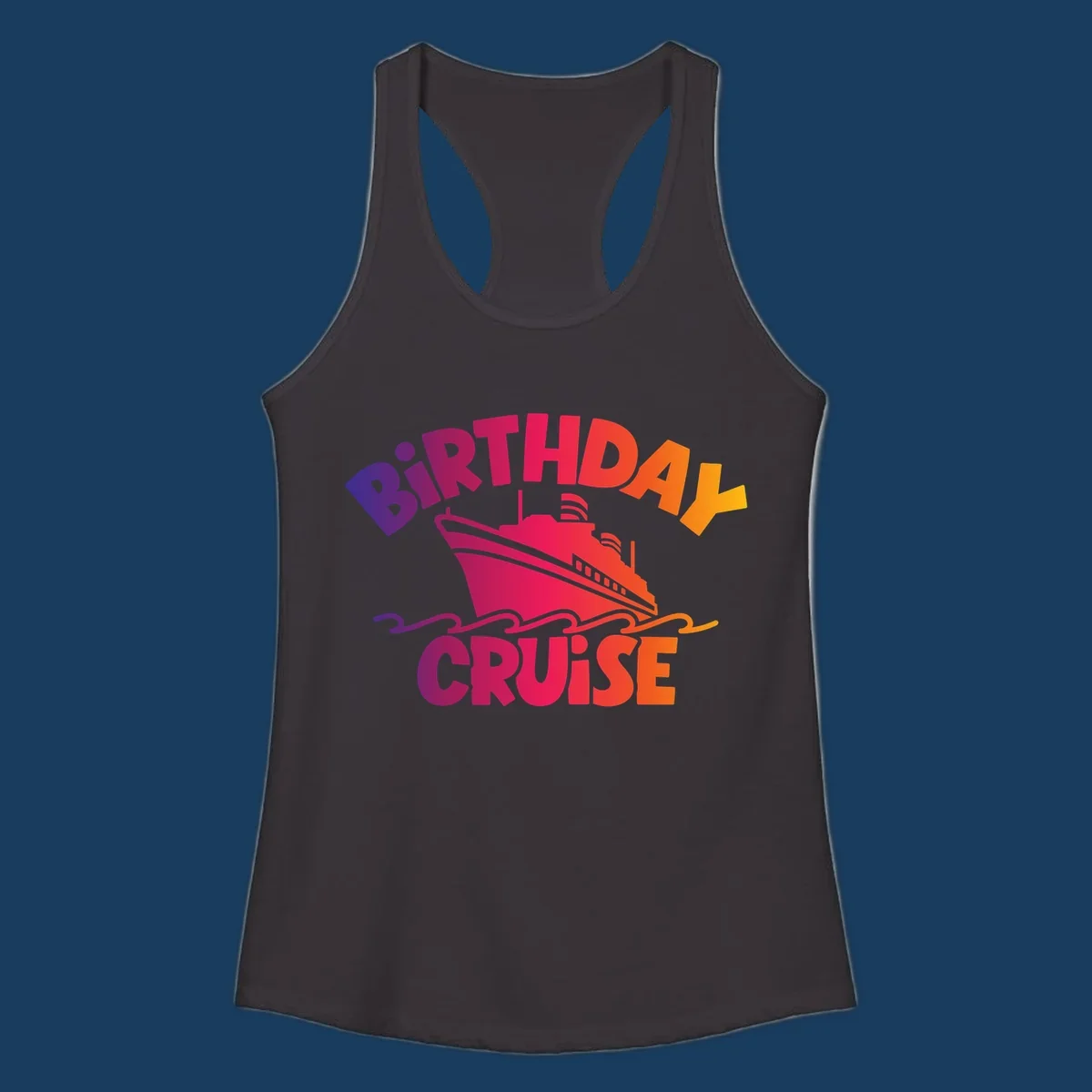 Birthday cruise ship with colorful text celebrating a birthday.