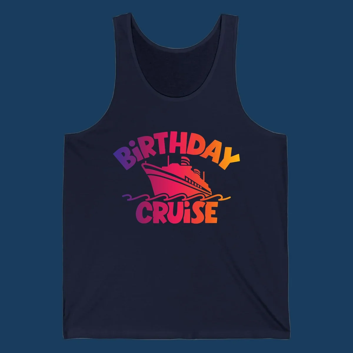 Birthday cruise ship with colorful text celebrating a birthday.