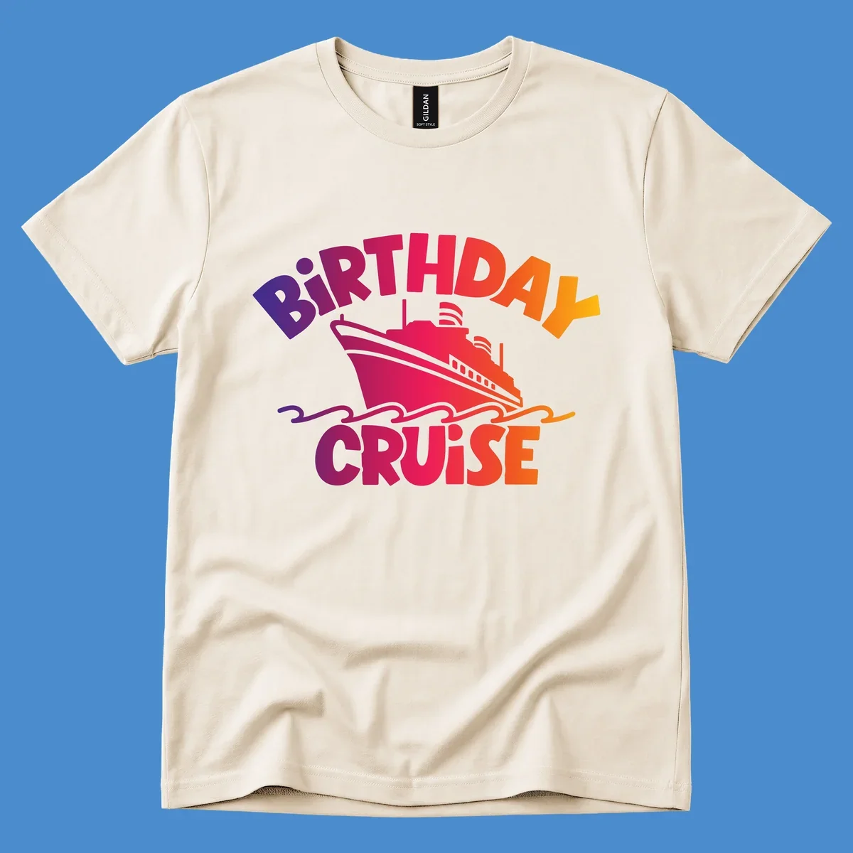 Birthday cruise ship with colorful text celebrating a birthday.