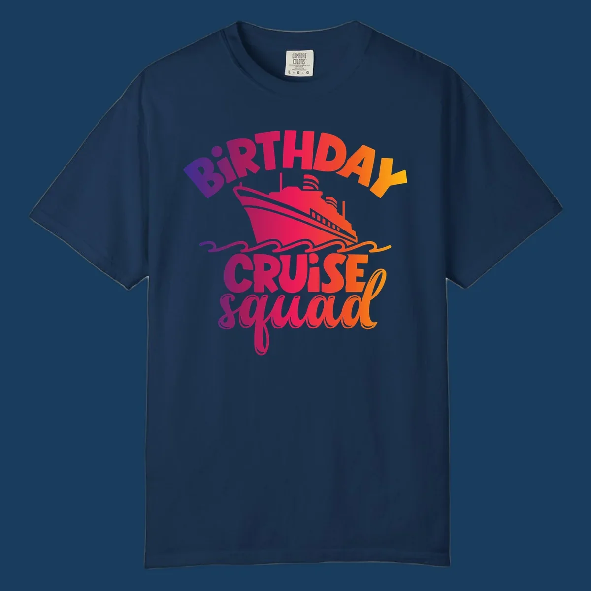 Birthday cruise squad text with a cruise ship and waves.