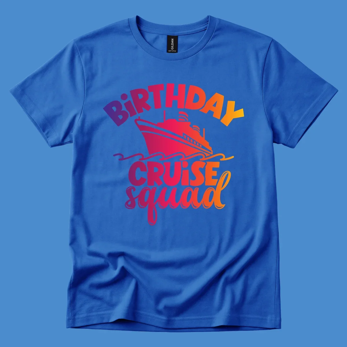 Birthday cruise squad text with a cruise ship and waves.