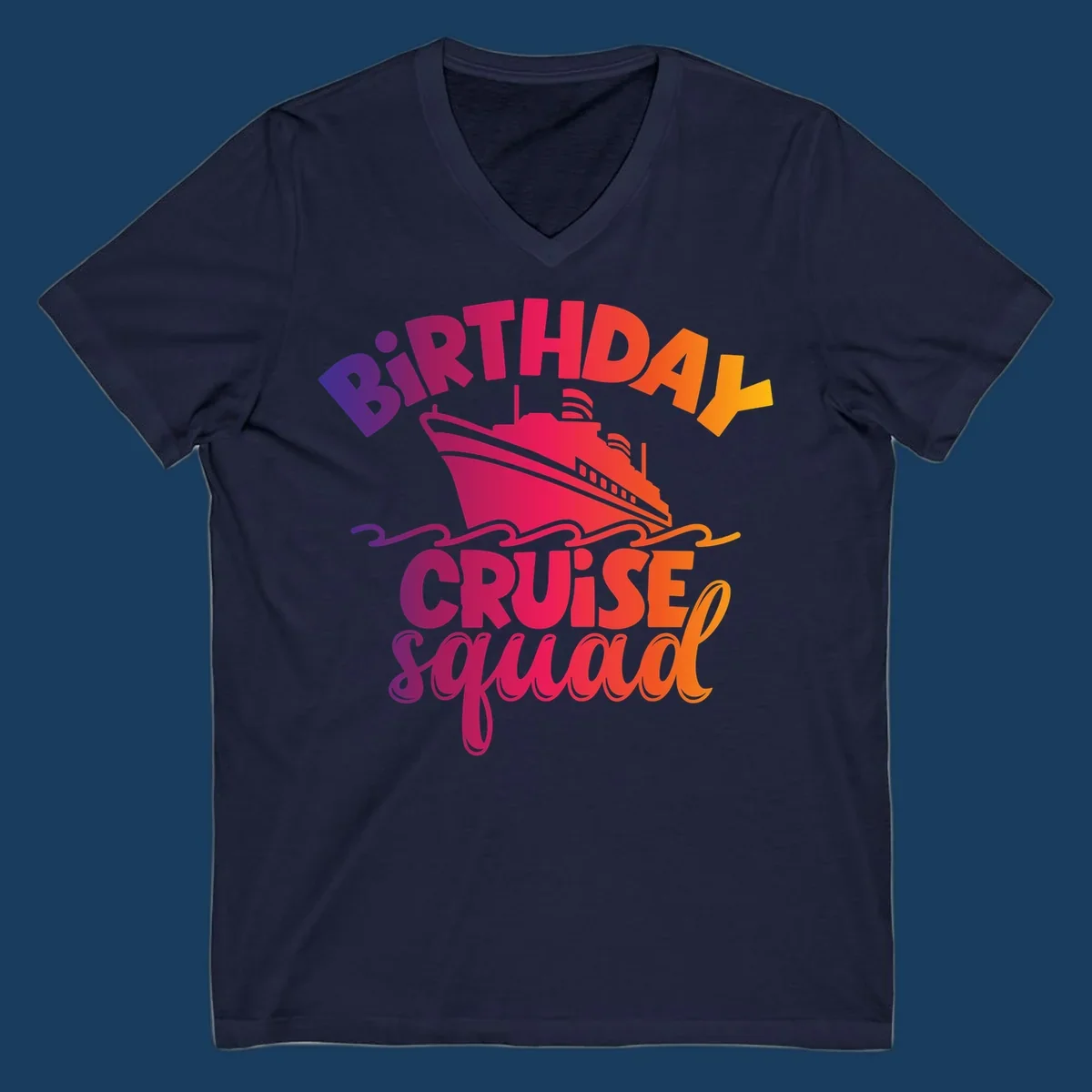 Birthday cruise squad text with a cruise ship and waves.