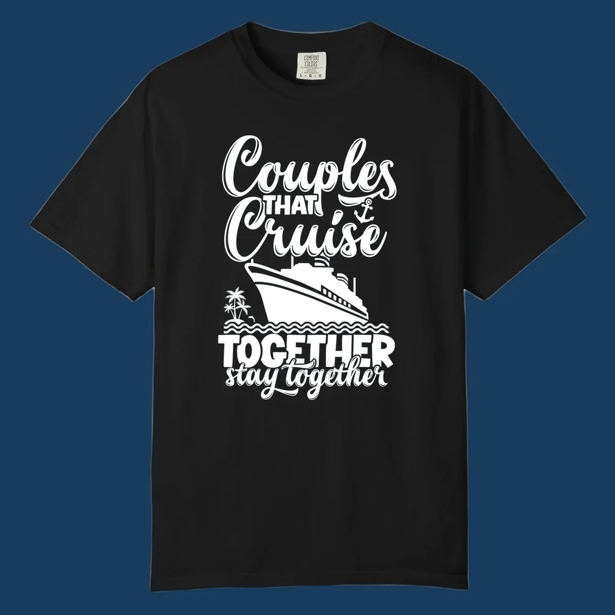 Couples cruise together text with cruise ship illustration, palm trees, dolphin, and anchor.