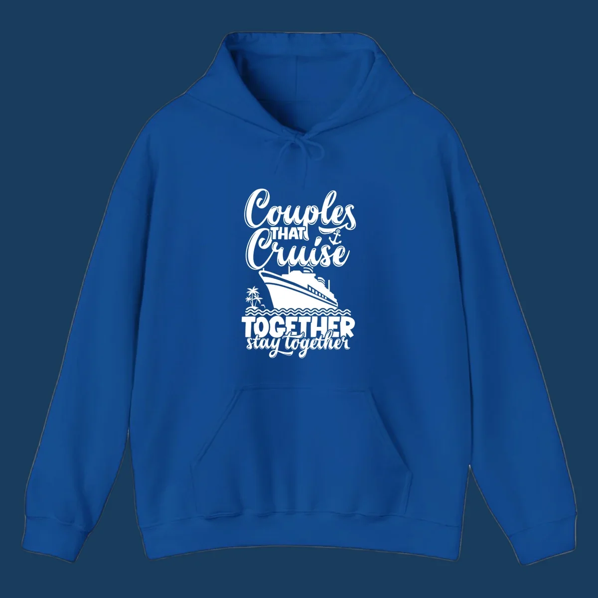 Couples cruise together text with cruise ship illustration, palm trees, dolphin, and anchor.