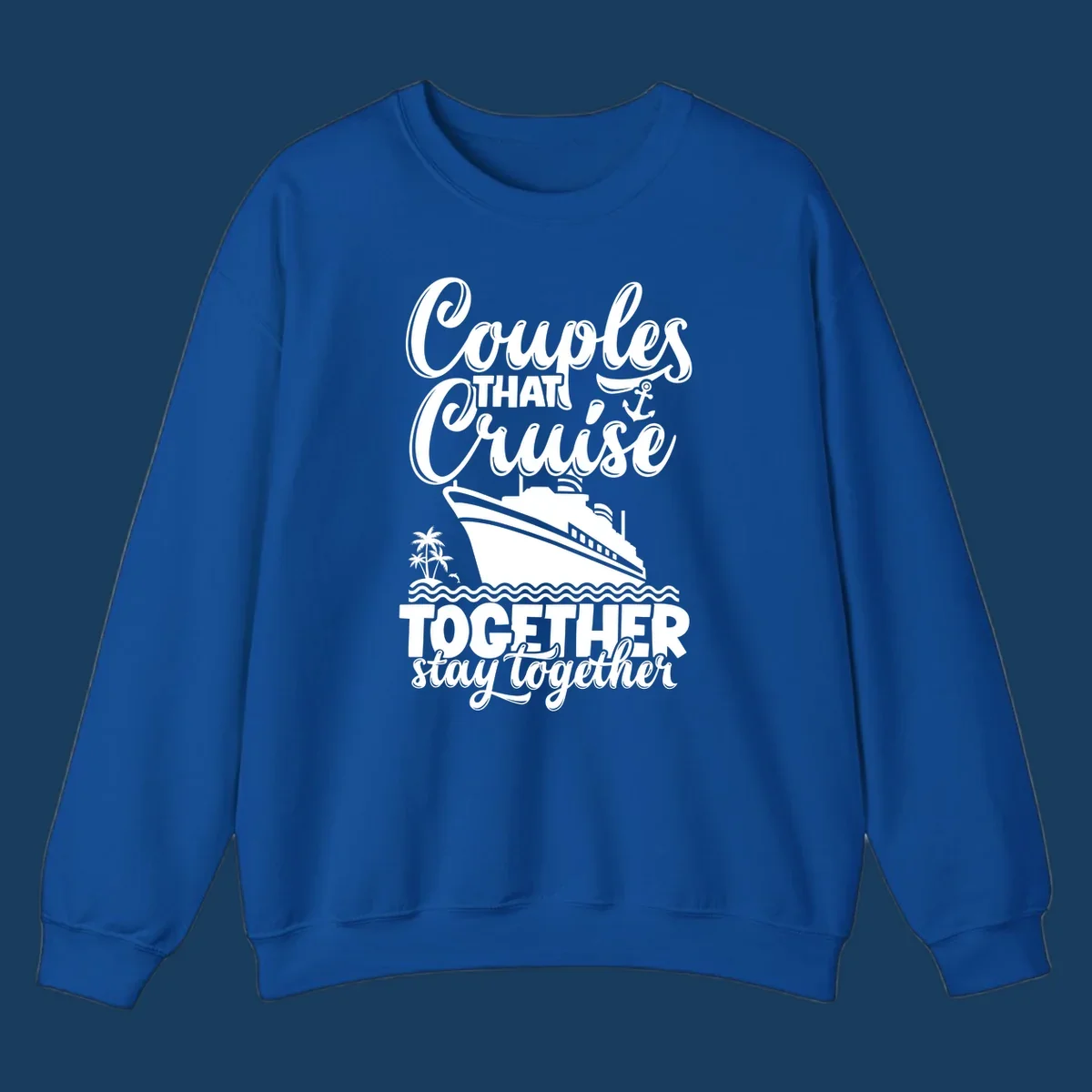 Couples cruise together text with cruise ship illustration, palm trees, dolphin, and anchor.