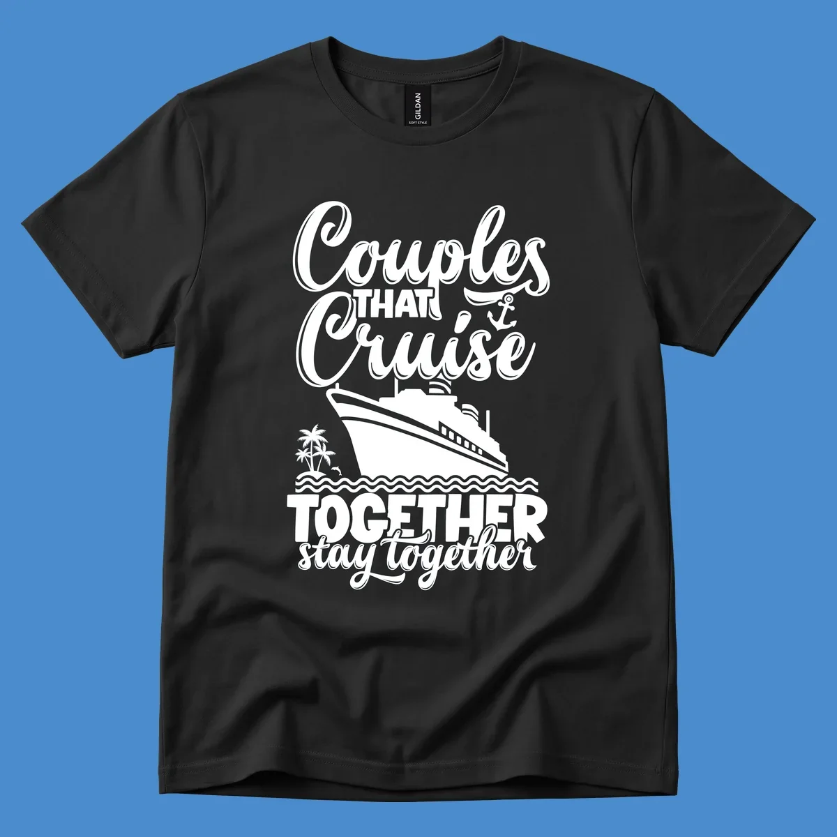 Couples cruise together text with cruise ship illustration, palm trees, dolphin, and anchor.