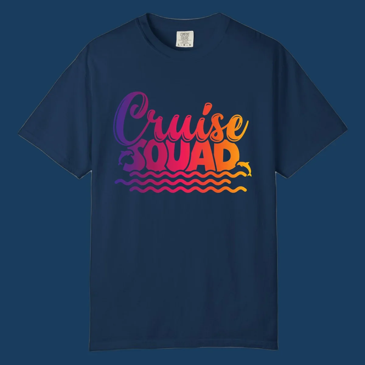 Cruise Squad text with dolphins and ocean waves graphic for group cruise shirts.