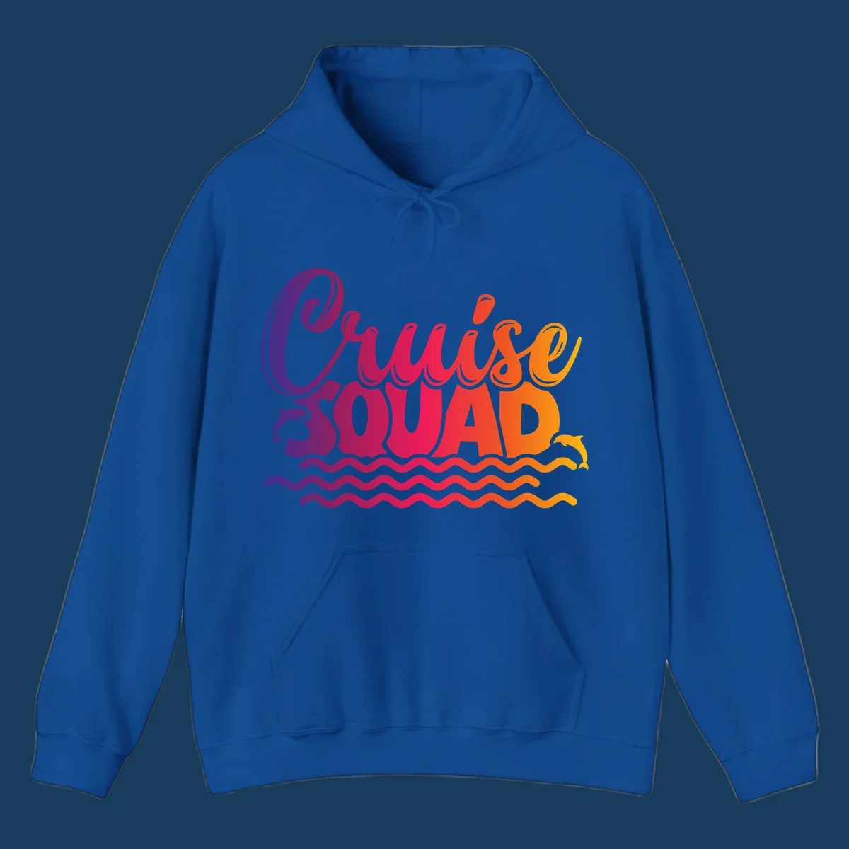 Cruise Squad text with dolphins and ocean waves graphic for group cruise shirts.