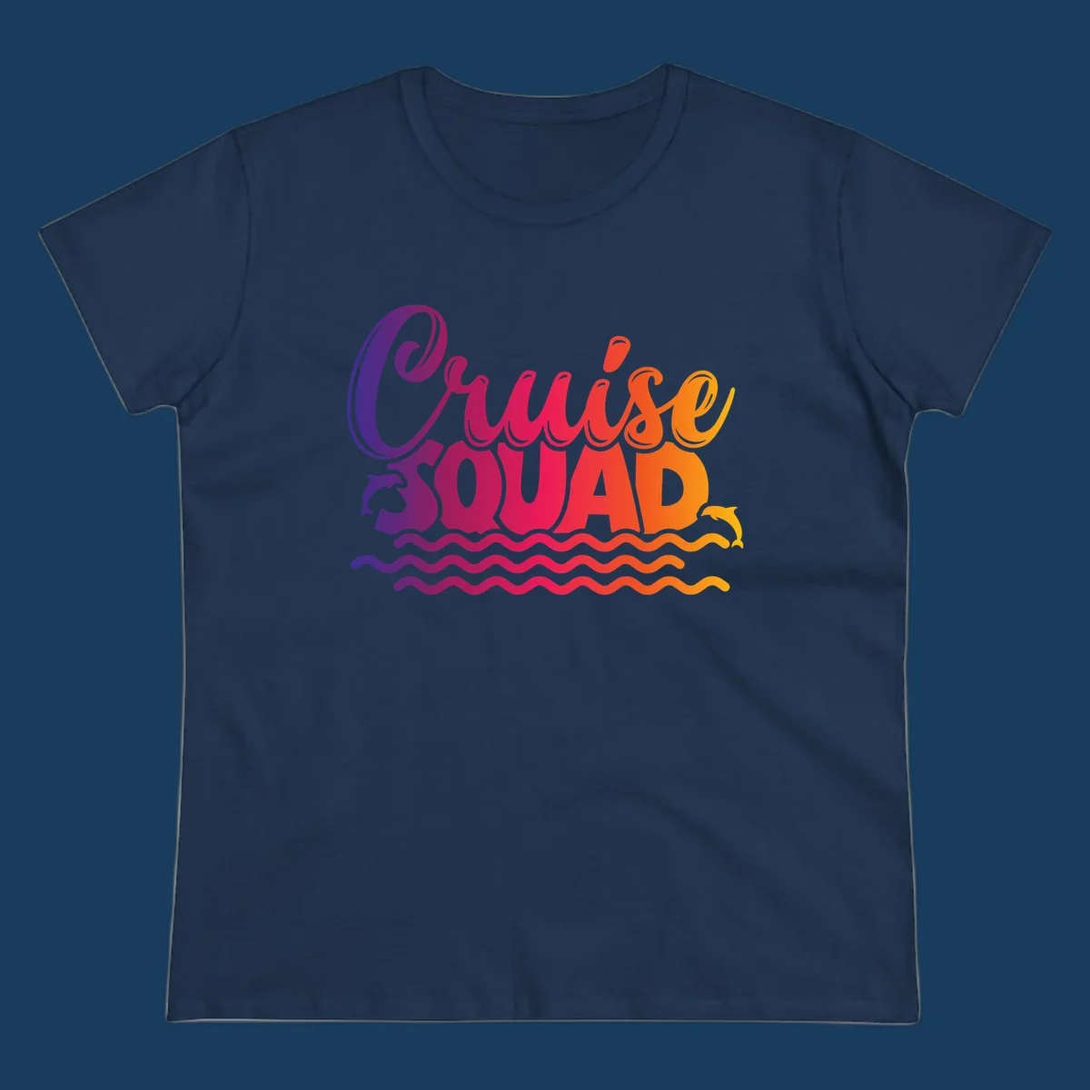 Cruise Squad text with dolphins and ocean waves graphic for group cruise shirts.