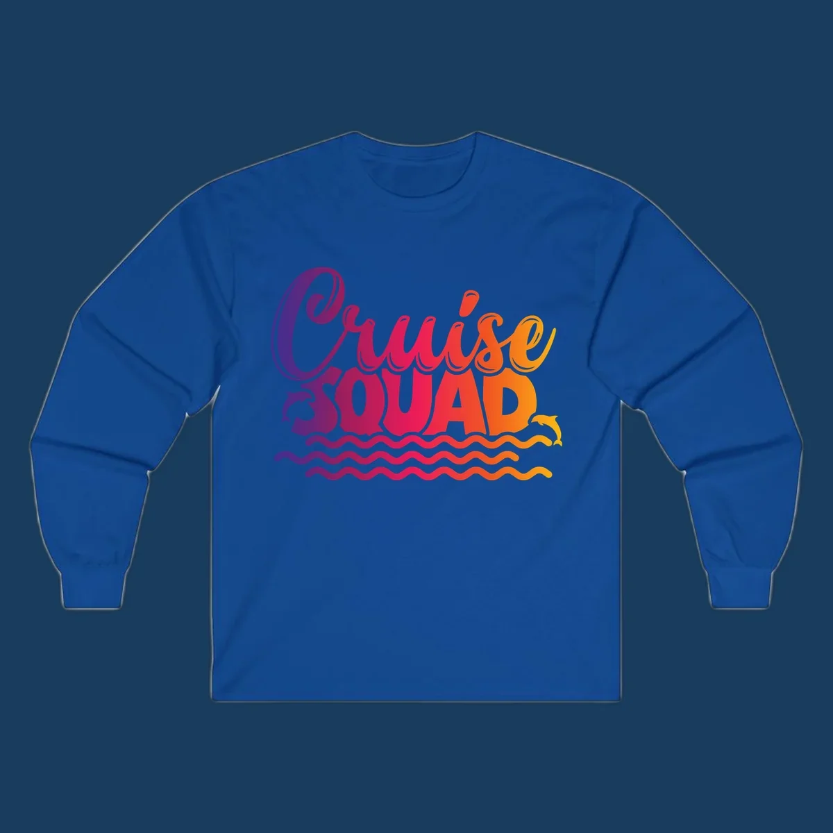 Cruise Squad text with dolphins and ocean waves graphic for group cruise shirts.