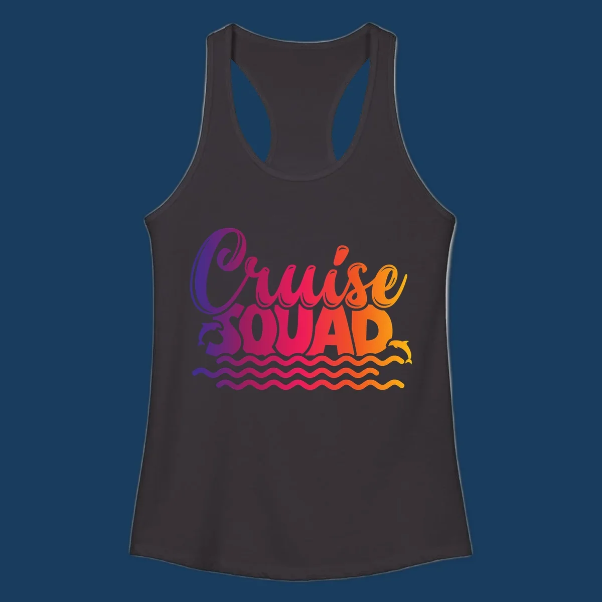 Cruise Squad text with dolphins and ocean waves graphic for group cruise shirts.